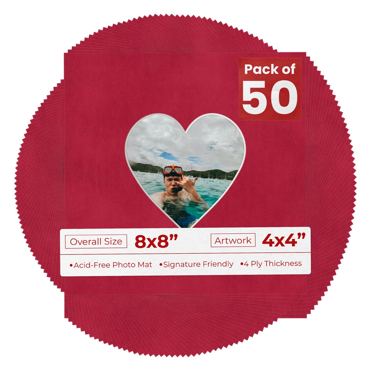 Red Suede Mat Board for 8x8 Frames - Heart Opening for 4x4 Photos
